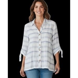 John Mark Size L Striped Cotton Blend Button Up Blouse 3/4 Sleeve Beachy Coastal